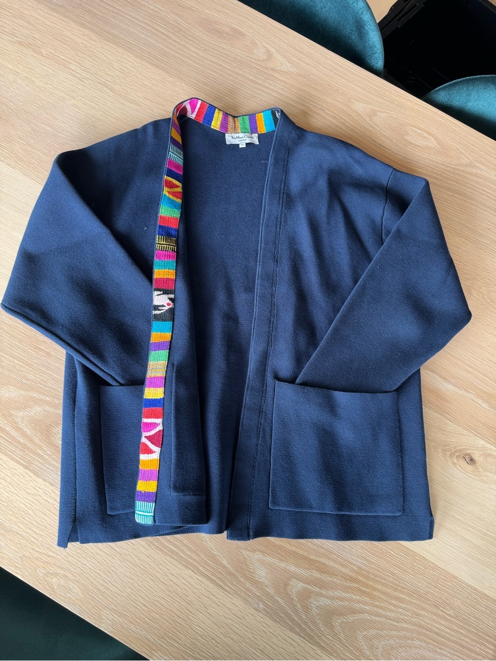 YMC navy cardigan with multicolor trim